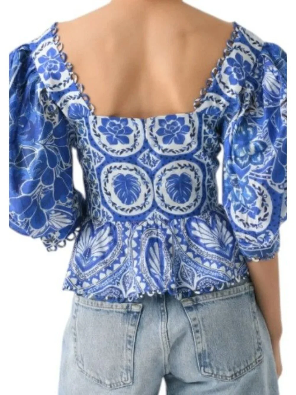 Farm Rio Women's Tile Dream Short Sleeve Blouse Puff Sleeve Blue White Size XS